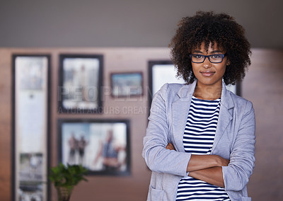 Buy stock photo Home office, portrait and confident businesswoman with glasses, pride and professional at window. Female person, business and woman with arms crossed for break or startup and entrepreneur indoors