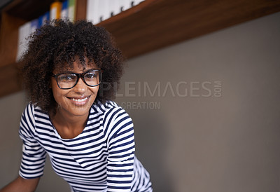 Buy stock photo Portrait, smile and space with designer black woman in small business office for creative administration. Face, glasses and artistic with happy young afro person in startup workplace for design