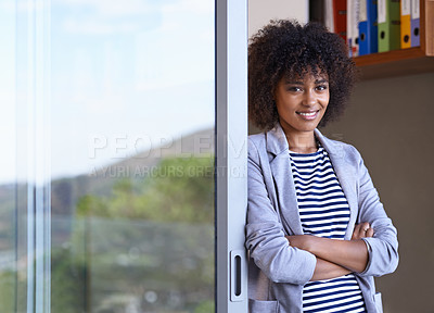Buy stock photo Black woman, designer and portrait in startup business for entrepreneur, smile or creative company. Face, arms crossed and young afro female person for confidence, happiness and pride in workplace