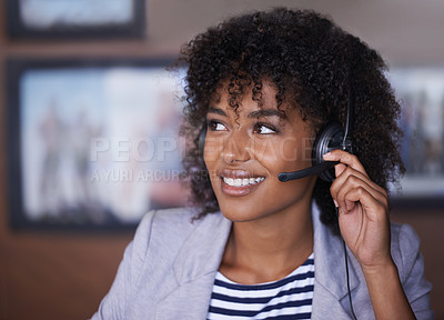 Buy stock photo Call center, thinking and happy woman with online communication, virtual support and solution for client. Professional agent, consultant or african business person with telecom ideas, vision and help