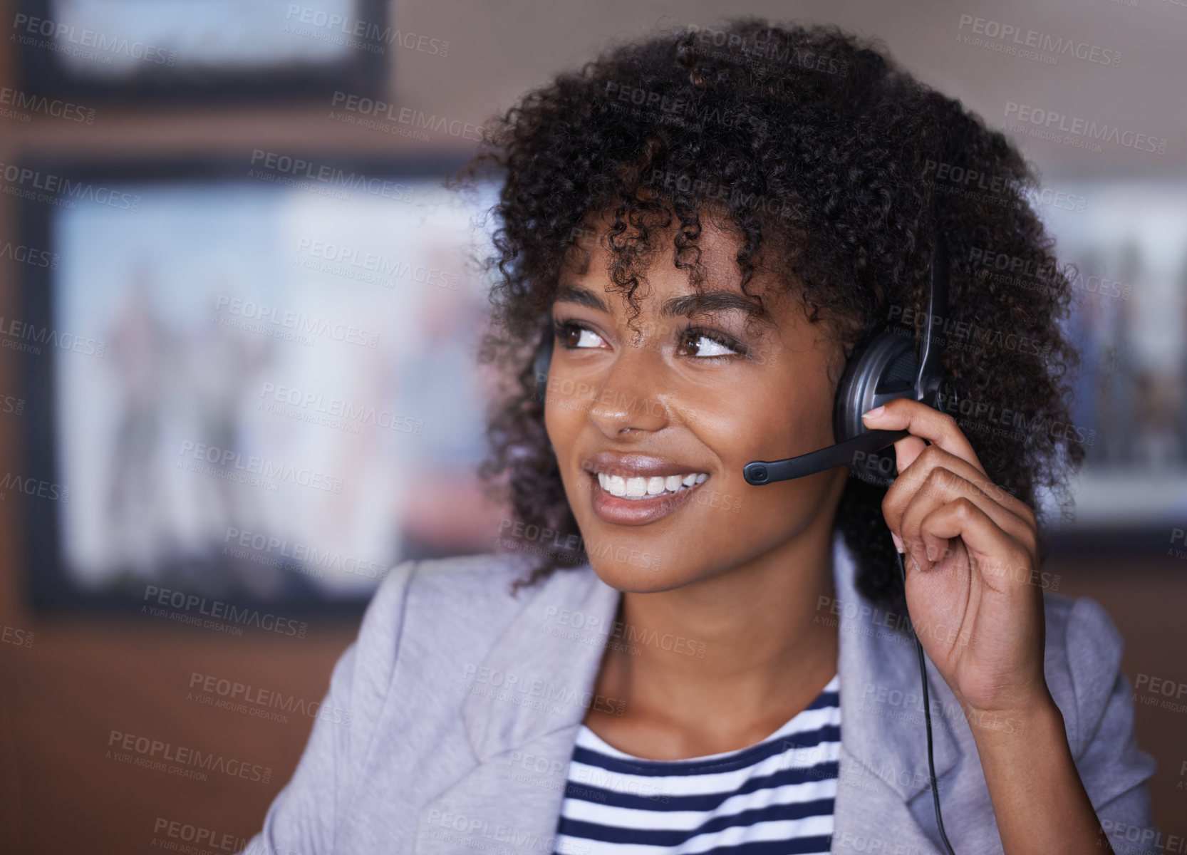 Buy stock photo Call center, thinking and happy woman with online communication, virtual support and solution for client. Professional agent, consultant or african business person with telecom ideas, vision and help