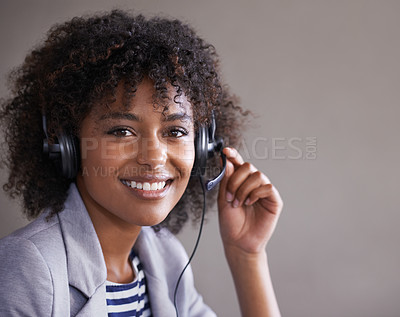 Buy stock photo Portrait, call center and African woman with headset and happy virtual communication, technical support or online chat. Professional agent, consultant or face of business person in telemarketing job