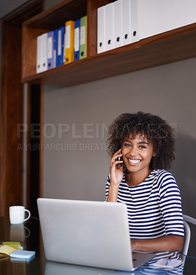 Buy stock photo Laptop, portrait and woman on phone call for office networking, virtual planning and productivity. Happy, young african person, worker or employee with cellphone communication and working on computer