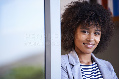 Buy stock photo Portrait, designer and happy black woman in startup business for entrepreneur, vision and creative company. Face, smile and young afro female person for confidence, happiness and pride in workplace