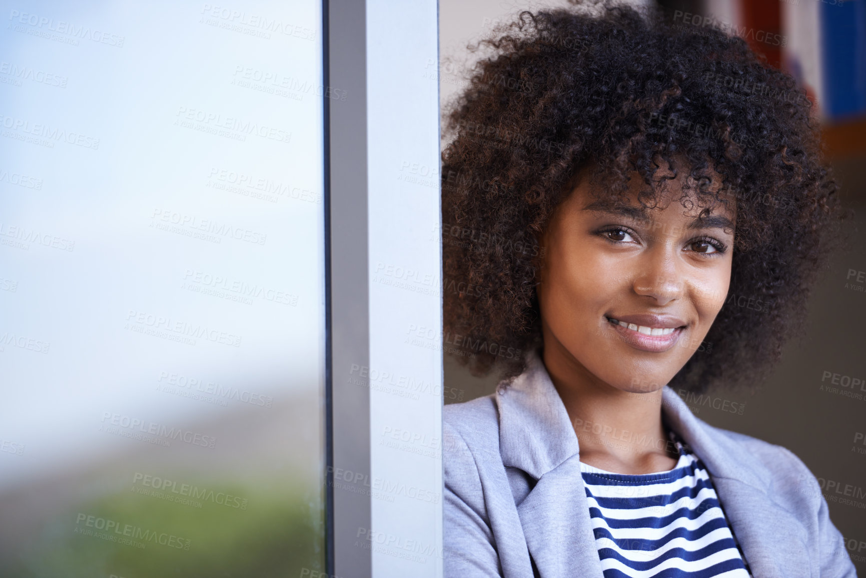 Buy stock photo Portrait, designer and happy black woman in startup business for entrepreneur, vision and creative company. Face, smile and young afro female person for confidence, happiness and pride in workplace