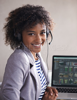 Buy stock photo Portrait, call center and woman on laptop for virtual communication, technical support or tech advice on screen. Face of professional agent, business consultant or happy, african person on computer