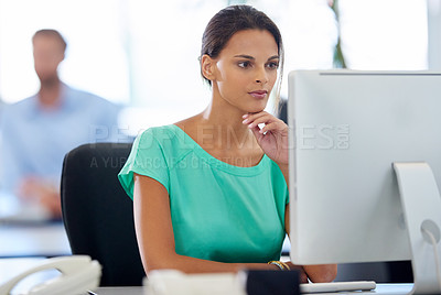 Buy stock photo Office, businesswoman and thinking with computer for results, page update and online information. Career, female web designer and ideas with digital for application solution, download and connection