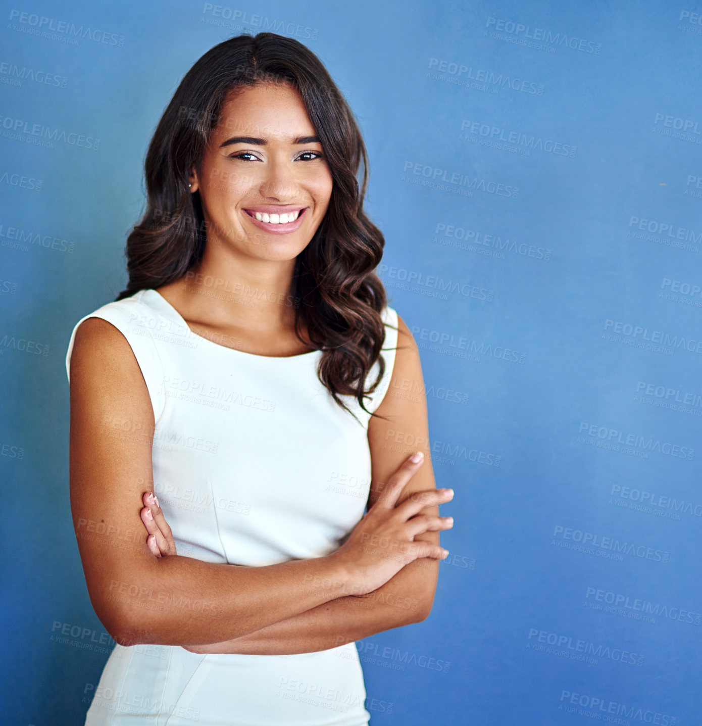 Buy stock photo Mockup, arms crossed and smile with portrait of woman in studio for professional, entrepreneur or business. Smile, space and empowerment with employee on wall background for creative, pride or career