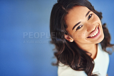 Buy stock photo Woman, smile and above portrait in studio, corporate employee and mock up space with administrator. Happy, office career and professional on blue background, ambition and business receptionist