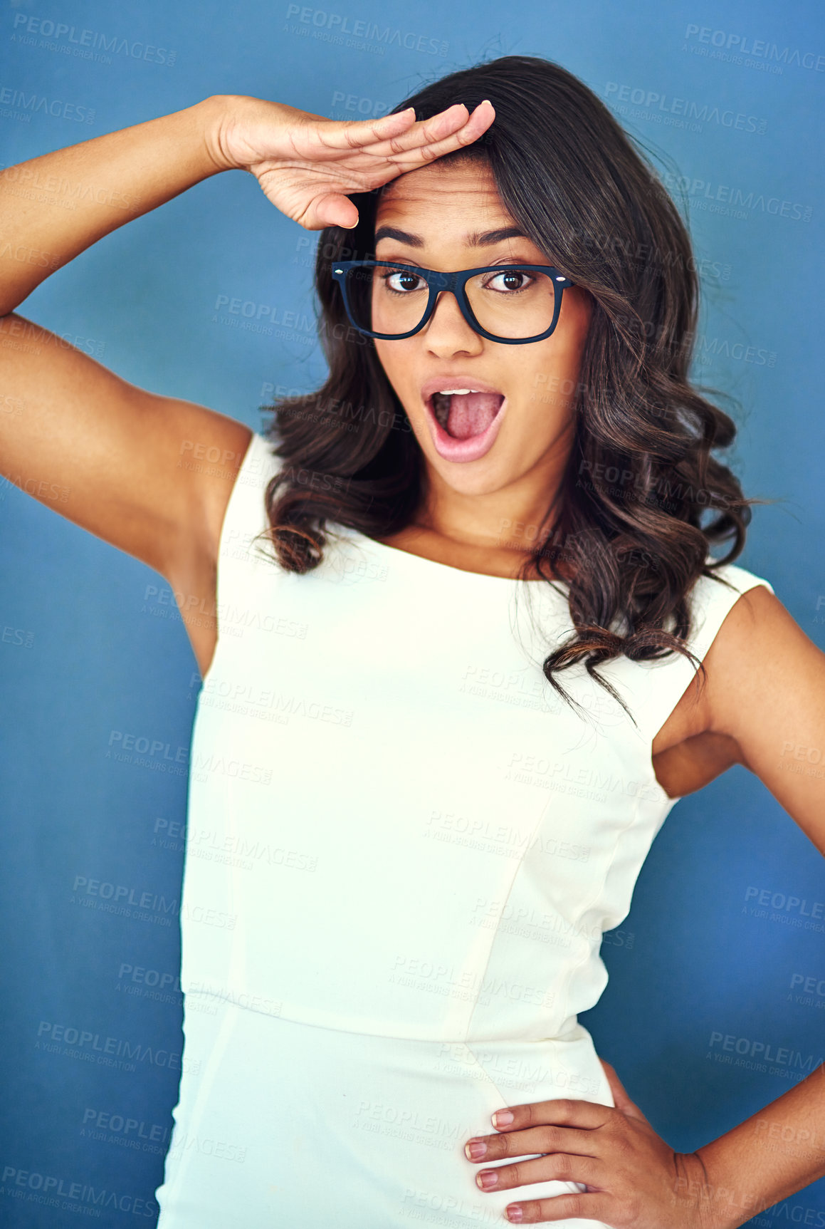 Buy stock photo Business, woman and surprised portrait in studio, receptionist and hand gesture for greeting or determination. Corporate, employee and task acknowledgement, salute and wow on blue background