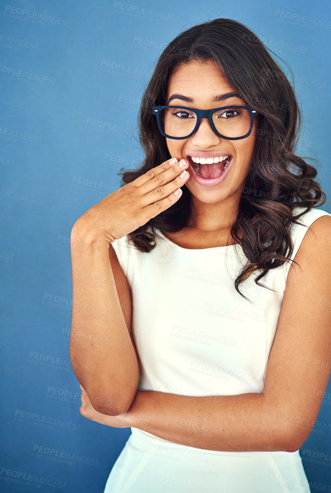 Buy stock photo Woman, glasses and wow or studio portrait for fashion, style and confidence for business. Shock, receptionist and secret or news with optometry for career or frame for aesthetic by blue background  