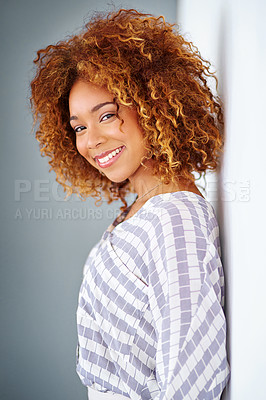 Buy stock photo Studio, hair and portrait of woman, confident and afro of entrepreneur, texture and hairdresser. White background, happy and person with smile, treatment and haircare in salon, professional or Brazil