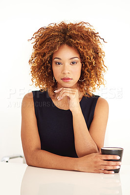 Buy stock photo African woman, portrait and tea cup in office, confident professional and media consultant. Female person, worker and proud of public relations career in Ethiopia, press agent and morning espresso