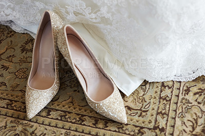 Buy stock photo Closeup shot of a bride's wedding shoes