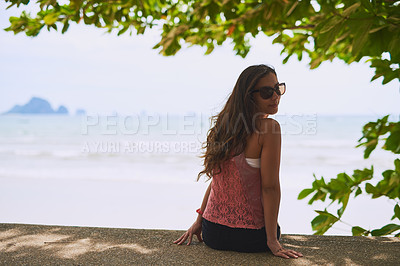 Buy stock photo Portrait of a happy young tourist  taking in an ocean view