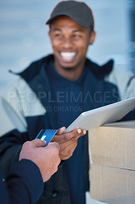 Buy stock photo Cropped shot of a courier accepting a credit card payment from a businessman for a delivery