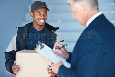 Buy stock photo Cropped shot of a courier making a delivery to a businessman at work