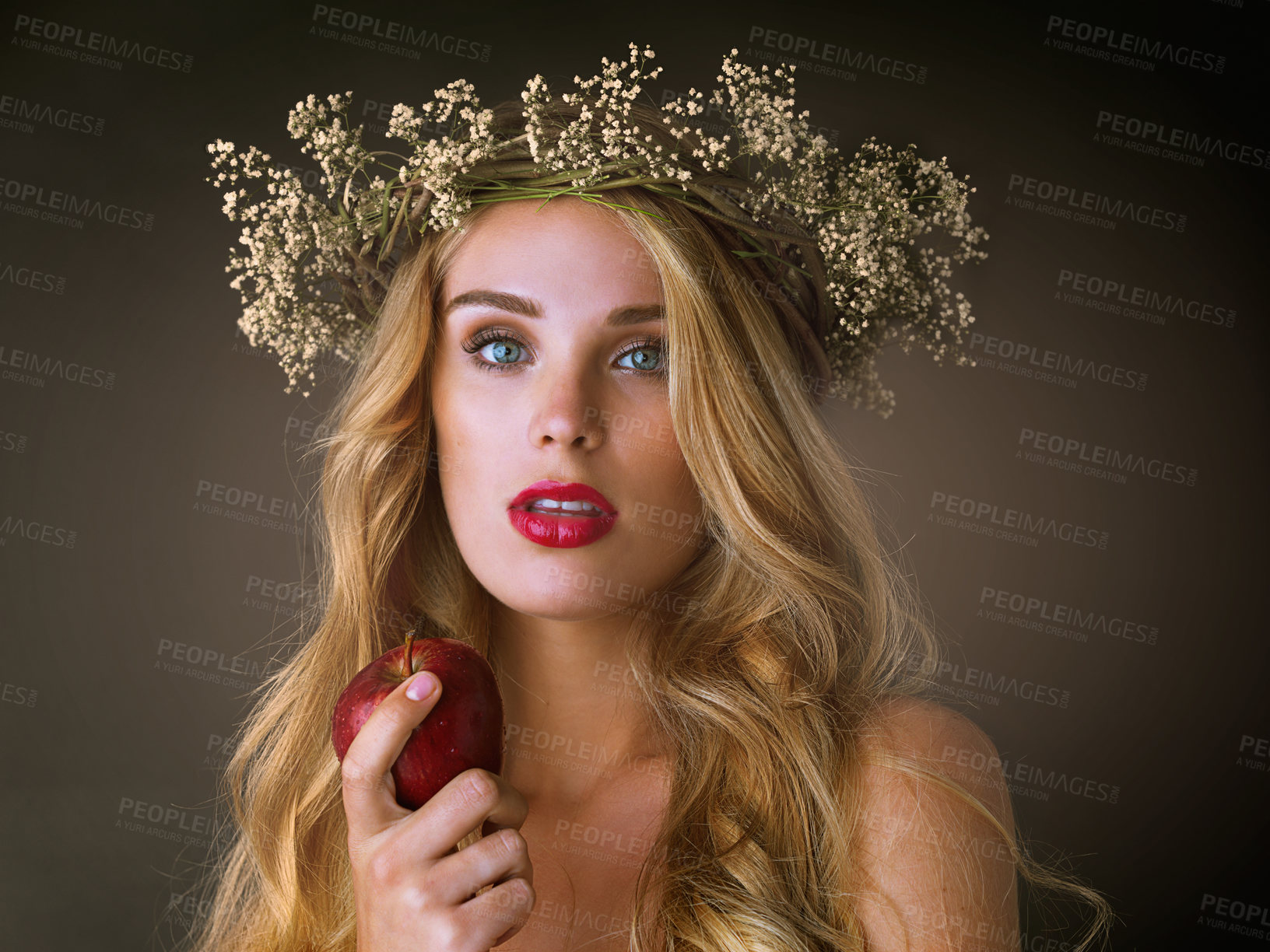 Buy stock photo Girl, portrait and makeup with apple in studio for eating or wellness, organic cosmetics and natural dermatology for alluring feel. Beauty, woman and forbidden fruit on dark background for nutrition.