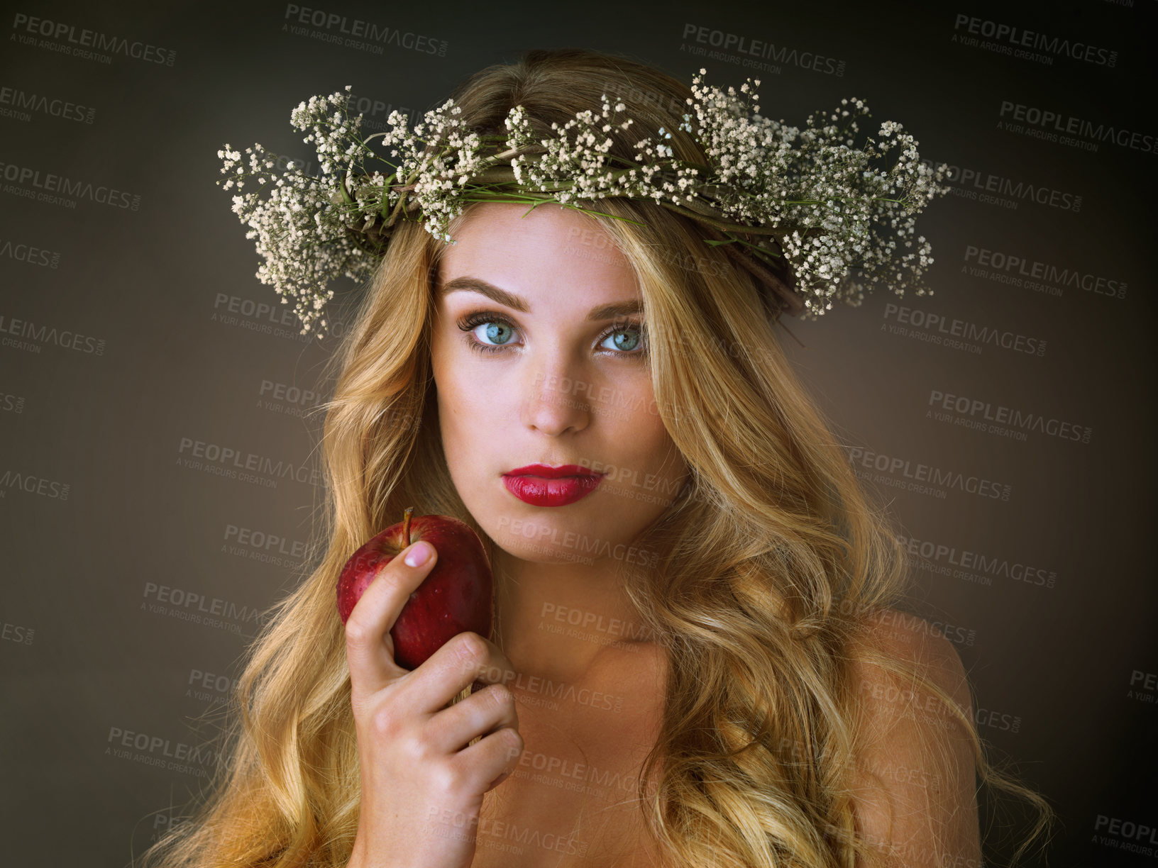 Buy stock photo Woman, portrait and beauty with apple in studio for eating or wellness, organic cosmetics and natural dermatology for alluring feel. Makeup, girl and forbidden fruit on dark background for nutrition.