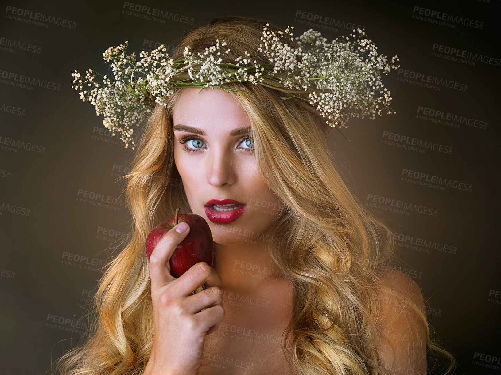 Buy stock photo Woman, portrait and makeup with apple in studio for eating or wellness, organic cosmetics and natural dermatology for alluring feel. Beauty, girl and forbidden fruit on dark background for nutrition.