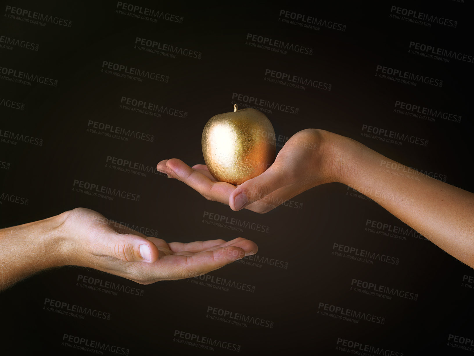 Buy stock photo Gold, fruit and hand of people in studio with forbidden apple, giving and temptation of sin. Art, creative and Christian with colorful food for faith, spiritual and religion on black background