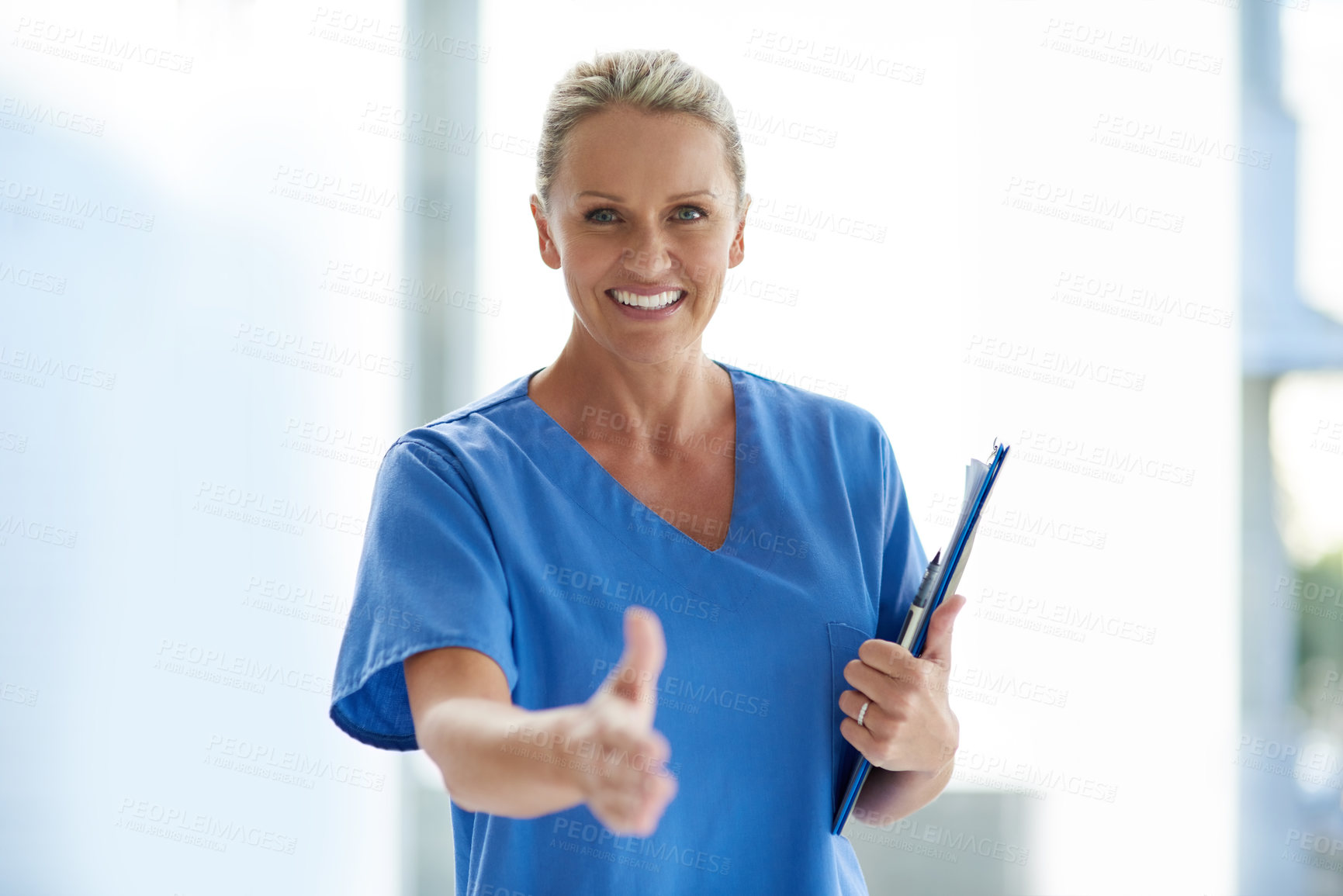 Buy stock photo Portrait, nurse or woman with hand out for welcome offer, support or healthcare agreement in clinic. Smile, trust and happy medical professional with introduction, handshake or consulting at hospital