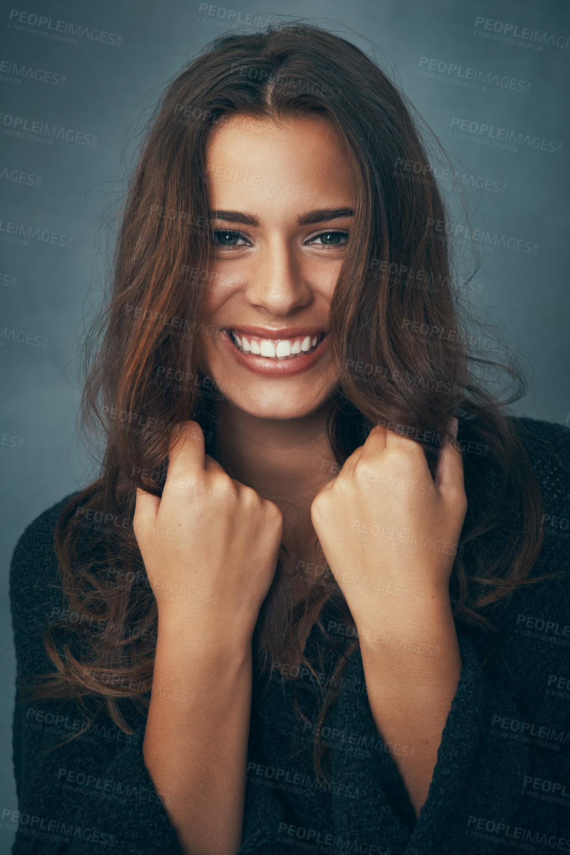 Buy stock photo Woman, smile and portrait or hair, fashion and pose by studio background, stylish and cool clothing. Happy female person, beauty and cosmetics, confident and trendy in aesthetic, pride and positive