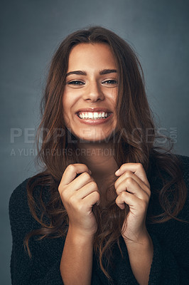 Buy stock photo Woman, smile and portrait or face, haircare and pose by studio background, blowout and treatment. Happy female person, beauty and cosmetics, confident and haircut in aesthetic, shampoo and keratin