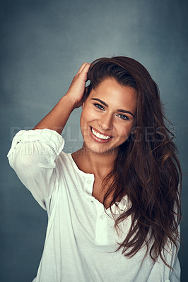 Buy stock photo Woman, smile and portrait or hair, studio and backdrop for fashion, style and proud or confident. Happy female person, beauty and pose for cosmetics, glow and cool or retro clothing or vintage