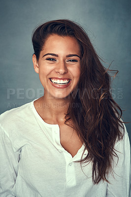 Buy stock photo Woman, happy and portrait or haircare, studio and backdrop for treatment, keratin and proud or confident. Indian female person, beauty and hair for cosmetics, healthy and haircut or shampoo shine