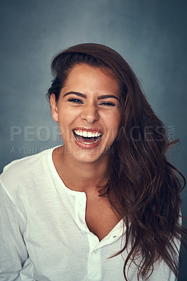 Buy stock photo Woman, laugh and portrait or happy, studio and backdrop for fashion, style and proud or confident. Caucasian female person, beauty and hair for cosmetics, glow and cool or retro clothing or vintage