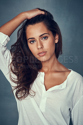 Buy stock photo Woman, fashion and portrait or face, studio and backdrop for wellness, style and proud or confident. Canadian female person, beauty and hair for cosmetics, glow and cool or casual clothing to relax