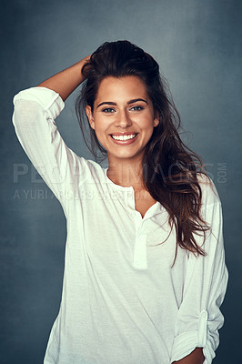 Buy stock photo Woman, hair and portrait or pose, studio and backdrop for fashion, style and proud or confident. Happy female person, beauty and care for cosmetic, glow and cool or retro, trendy and vintage clothing