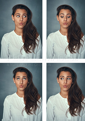 Buy stock photo Composite shot of a beautiful young woman pulling funny faces against a gray background in the studio