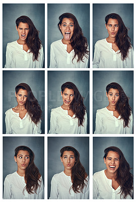 Buy stock photo Composite shot of a beautiful young woman pulling funny faces against a gray background in the studio
