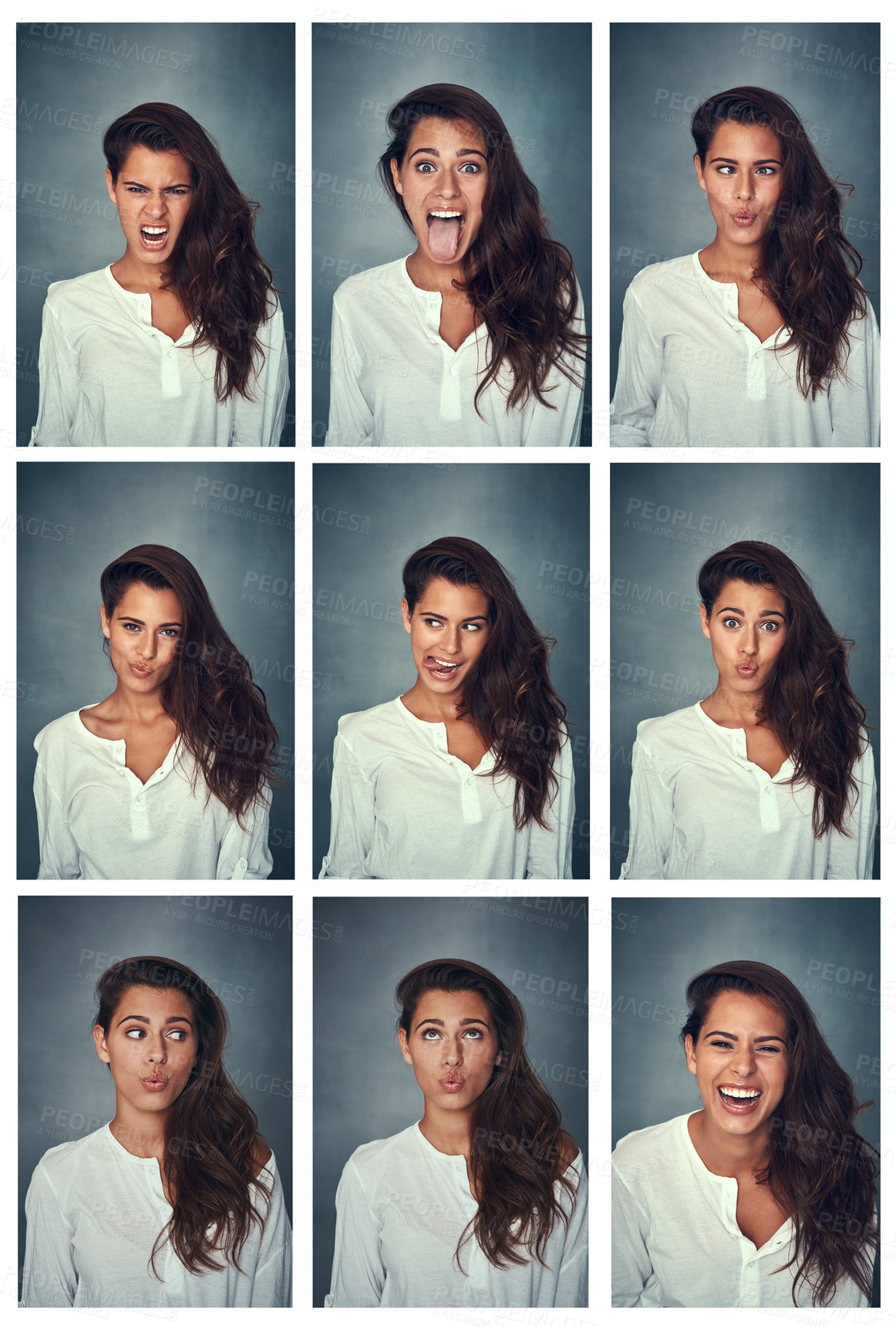 Buy stock photo Composite shot of a beautiful young woman pulling funny faces against a gray background in the studio