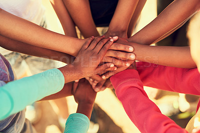 Buy stock photo Stack of hands, group and children in circle for unity, collaboration or youth bonding together. Team, support and kid friends outdoor with solidarity, connection or motivation in nature for trust.