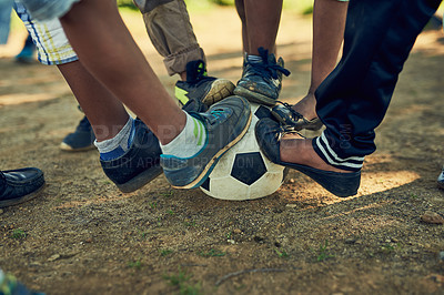 Buy stock photo People, legs and soccer ball in sports field for football match, game and tournament. Outdoor, team mates and training in exercise, preparation and fitness for completion with teamwork and unity