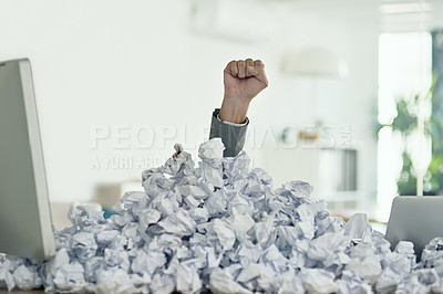 Buy stock photo Shot of an unidentifiable businessman drowning under a pile of paperwork in the office