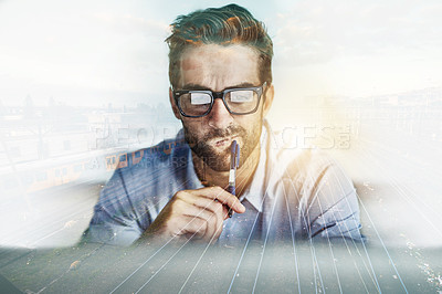 Buy stock photo Multiple exposure shot of a mature businessman problem solving on a computer superimposed over a cityscape