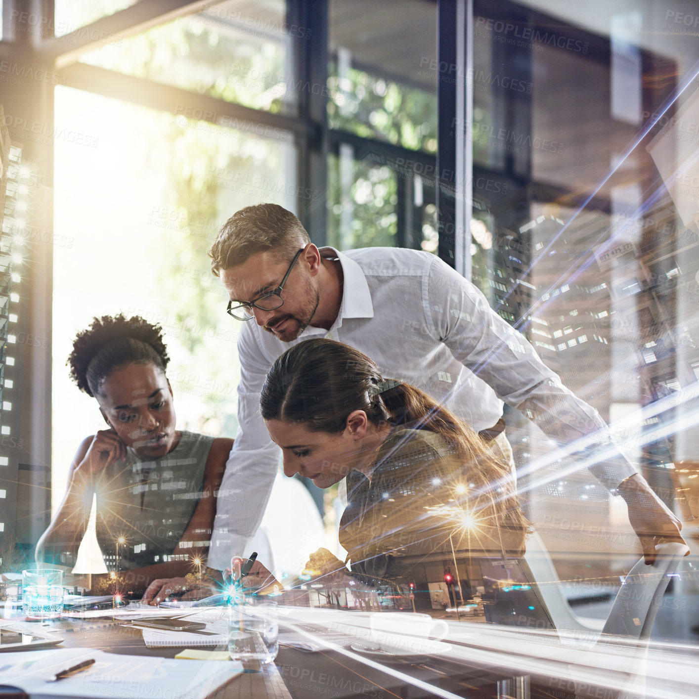 Buy stock photo Multiple exposure shot of a group of businesspeople having a meeting in an office superimposed over a cityscape