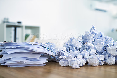 Buy stock photo Background, pile and overwhelming paperwork, office and project for administrator, deadline or workload. Desk, report and documents for organization, challenge and career with table, job and company