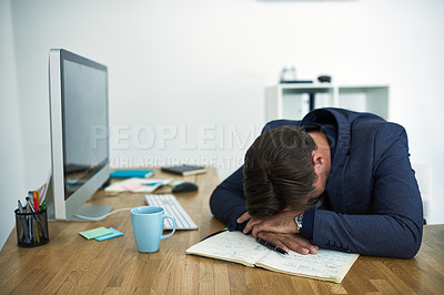 Buy stock photo Sleep, man and overwhelmed with overworked, deadline and project as administrator in office with rest. Male person, stress and anxiety with burnout, exhausted or tired as professional for company