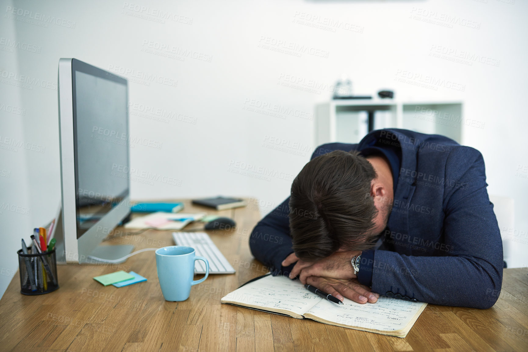 Buy stock photo Sleep, man and overwhelmed with overworked, deadline and project as administrator in office with rest. Male person, stress and anxiety with burnout, exhausted or tired as professional for company