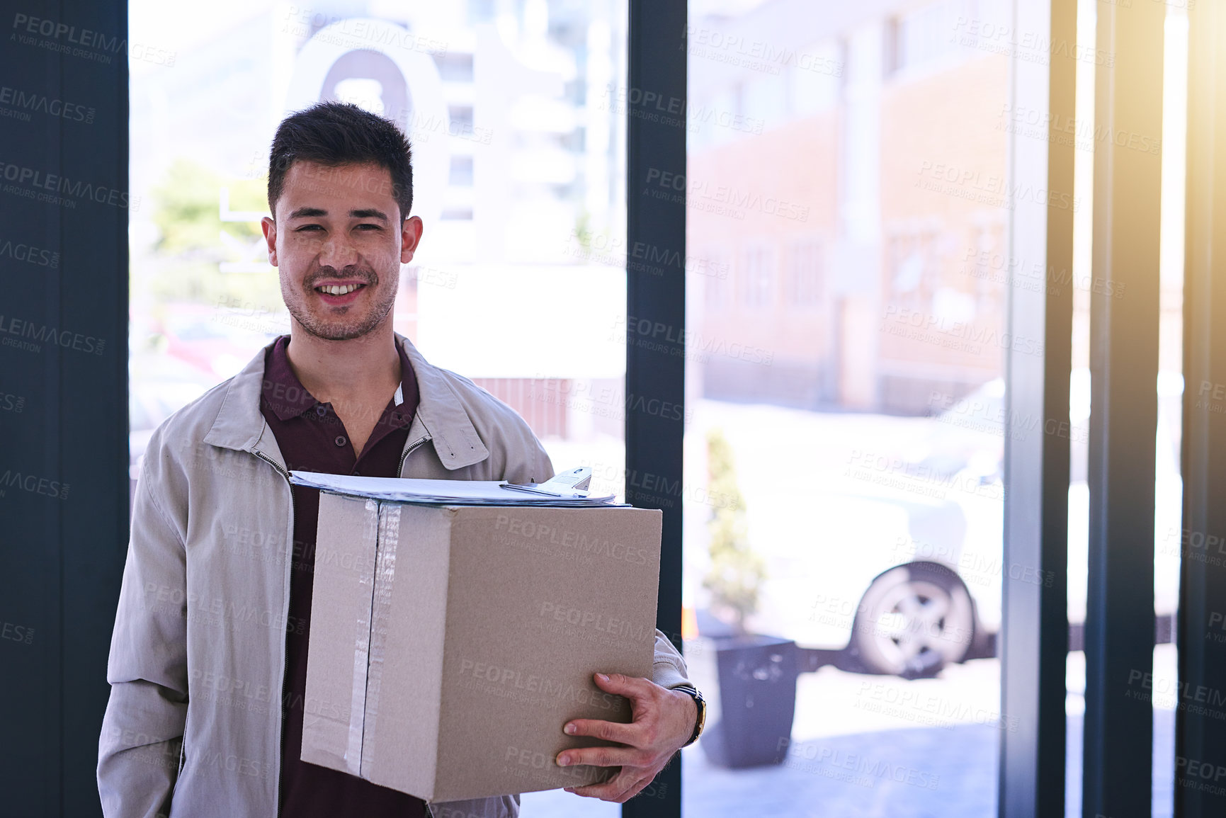 Buy stock photo Portrait, cardboard and delivery man with clipboard for package, shipping or online shopping. Export, ecommerce and courier with smile for customer signature, supply chain or distribution service