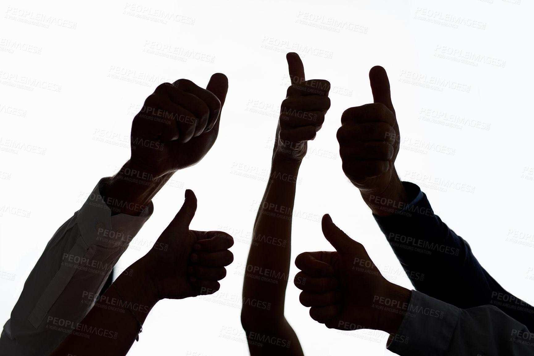 Buy stock photo Silhouette, hands and thumbs up in agreement for success, good job or winning teamwork at office. Business people, emoji and yes sign for like, support and collaboration or solidarity at workplace