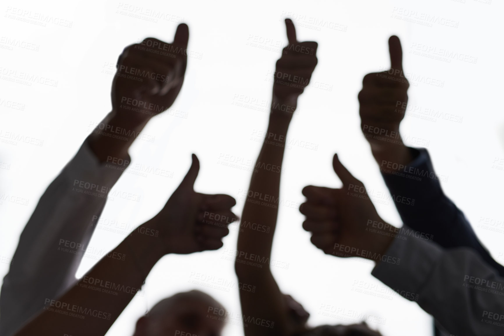 Buy stock photo Silhouette, hands and thumbs up in agreement for good job, winning or teamwork success at office. Business people, emoji and yes sign for like, support and collaboration or solidarity at workplace