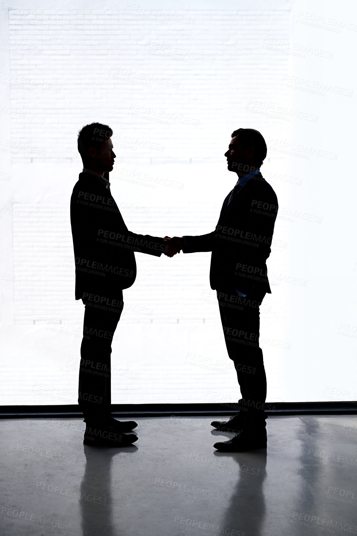 Buy stock photo Business people, silhouette and handshake in office for agreement, partnership and collaboration. Corporate company, thank you and hiring with welcome for job offer, networking and work contract
