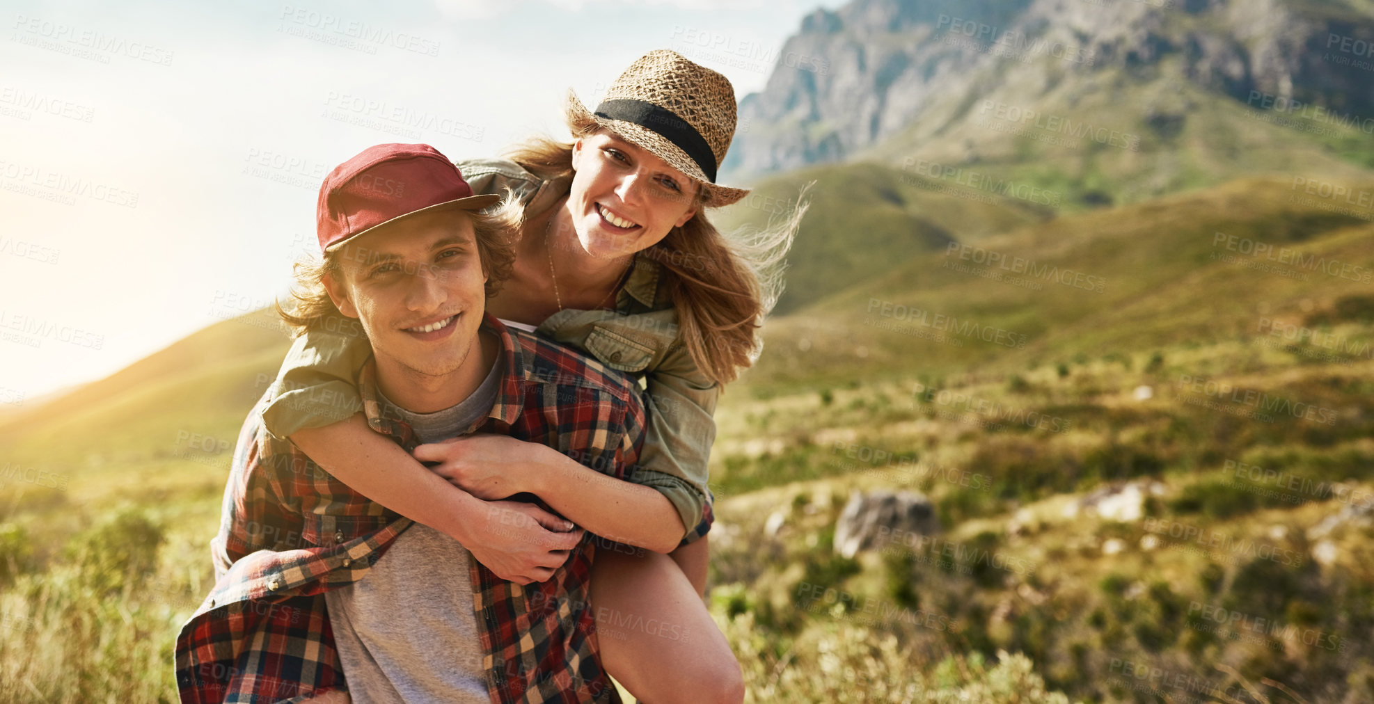 Buy stock photo Happy, piggyback and couple in nature, hiking and portrait for date in woods and adventure in environment. Outdoor, man and woman with smile in forest, love and holiday of anniversary and travel