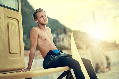 Buy stock photo Surfer, thinking and man at beach to travel on adventure in Australia and relax in summer, holiday or vacation. Person, surfing and search for waves on road trip at sunset for peace at ocean and sea